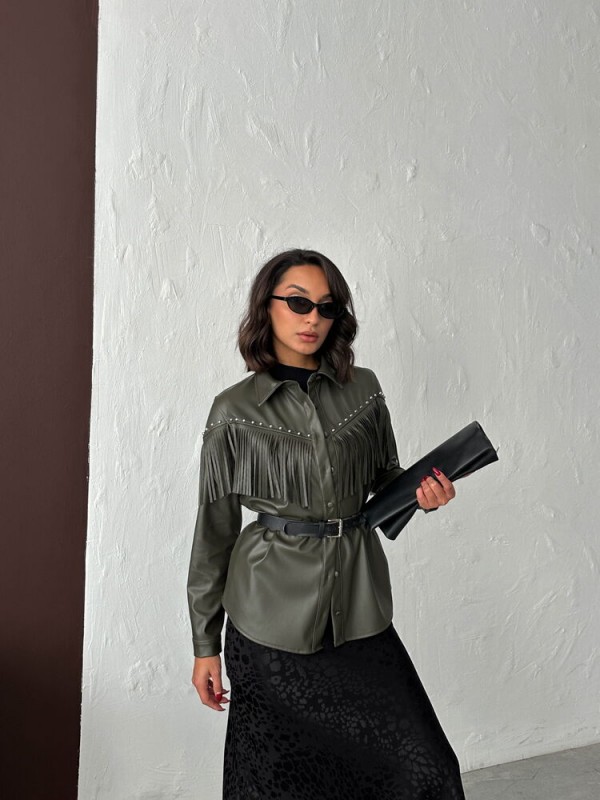 F 2043 DROPLU PÜSKÜLLÜ SUNİ DERİ GÖMLEK - HAKİ